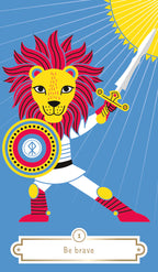 Illustration of a lion warrior holding a sword and shield with 'Be brave' text on a blue background