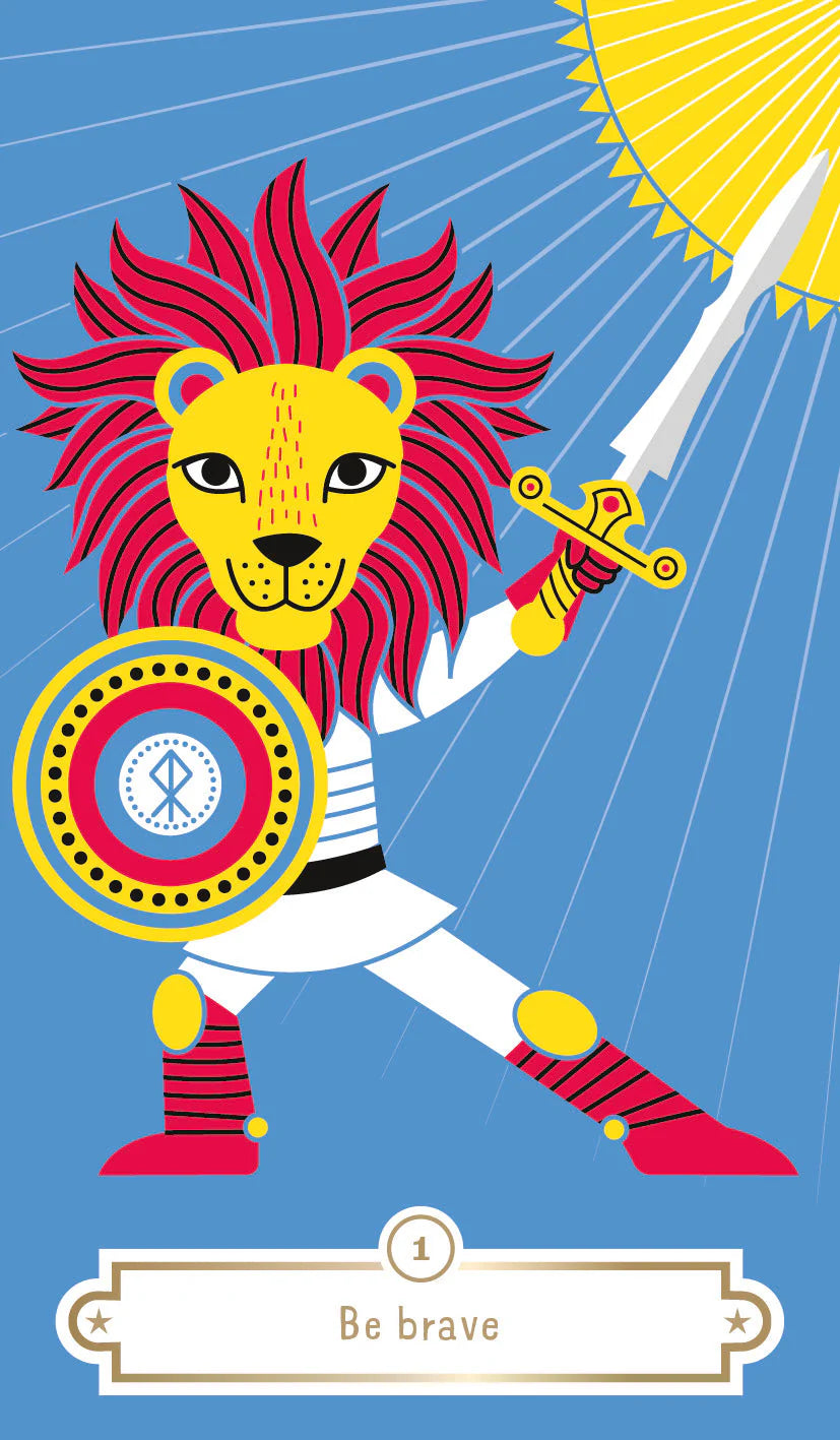 Illustration of a lion warrior holding a sword and shield with 'Be brave' text on a blue background