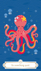 Illustration of a pink octopus with a star on a blue underwater background with jellyfish.