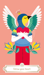 Illustration of a person with bird wings holding a heart, surrounded by flowers on a pink background.