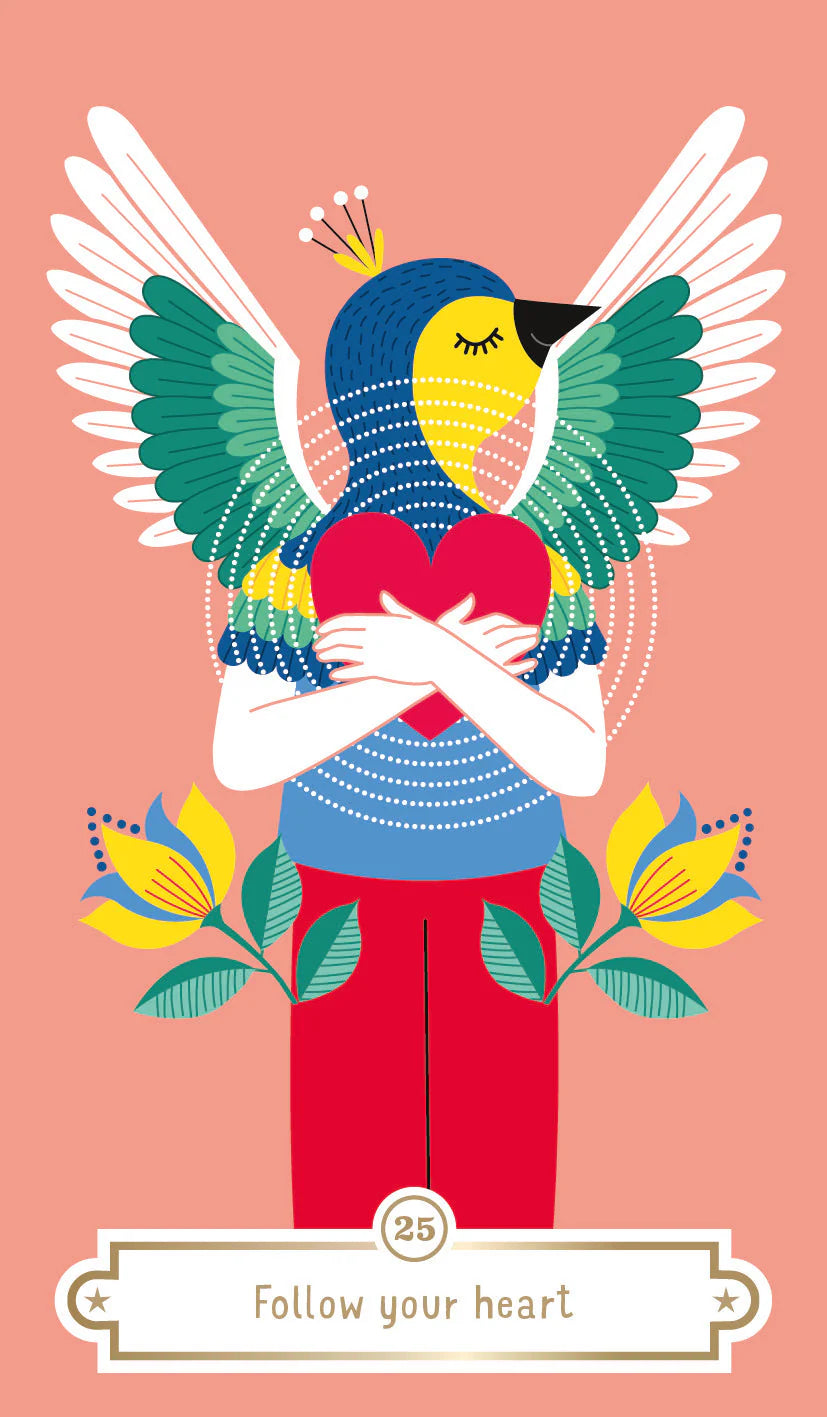 Illustration of a person with bird wings holding a heart, surrounded by flowers on a pink background.
