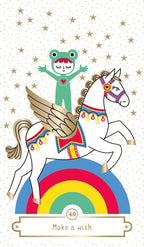Illustration of a frog in a superhero costume riding a unicorn with rainbow colors on a starry background.