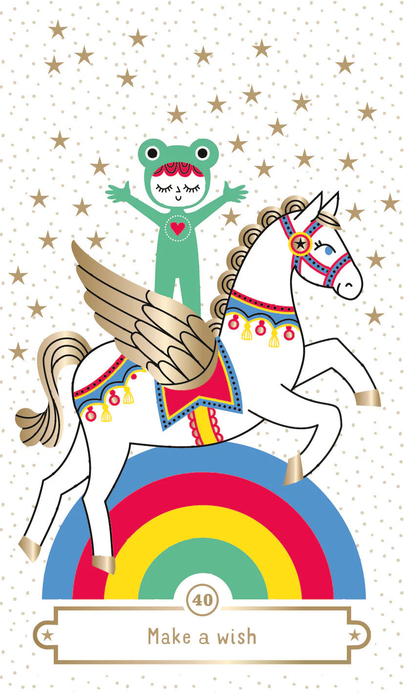 Illustration of a frog in a superhero costume riding a unicorn with rainbow colors on a starry background.
