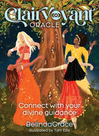 Book cover of 'Clairvoyant Oracle' with two women and a tree, featuring the text 'Connect with your divine guidance' by Belinda Grace.