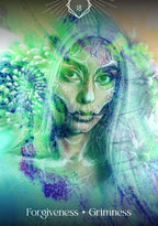 Artistic depiction of a face with green and purple hues, surrounded by abstract designs.