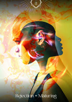 Artistic depiction of a person's head with colorful abstract design, featuring the text 'Rejection + Maturing'.