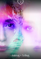 Artistic depiction of a face with abstract elements and text 'Asking + Telling' on a gradient background.