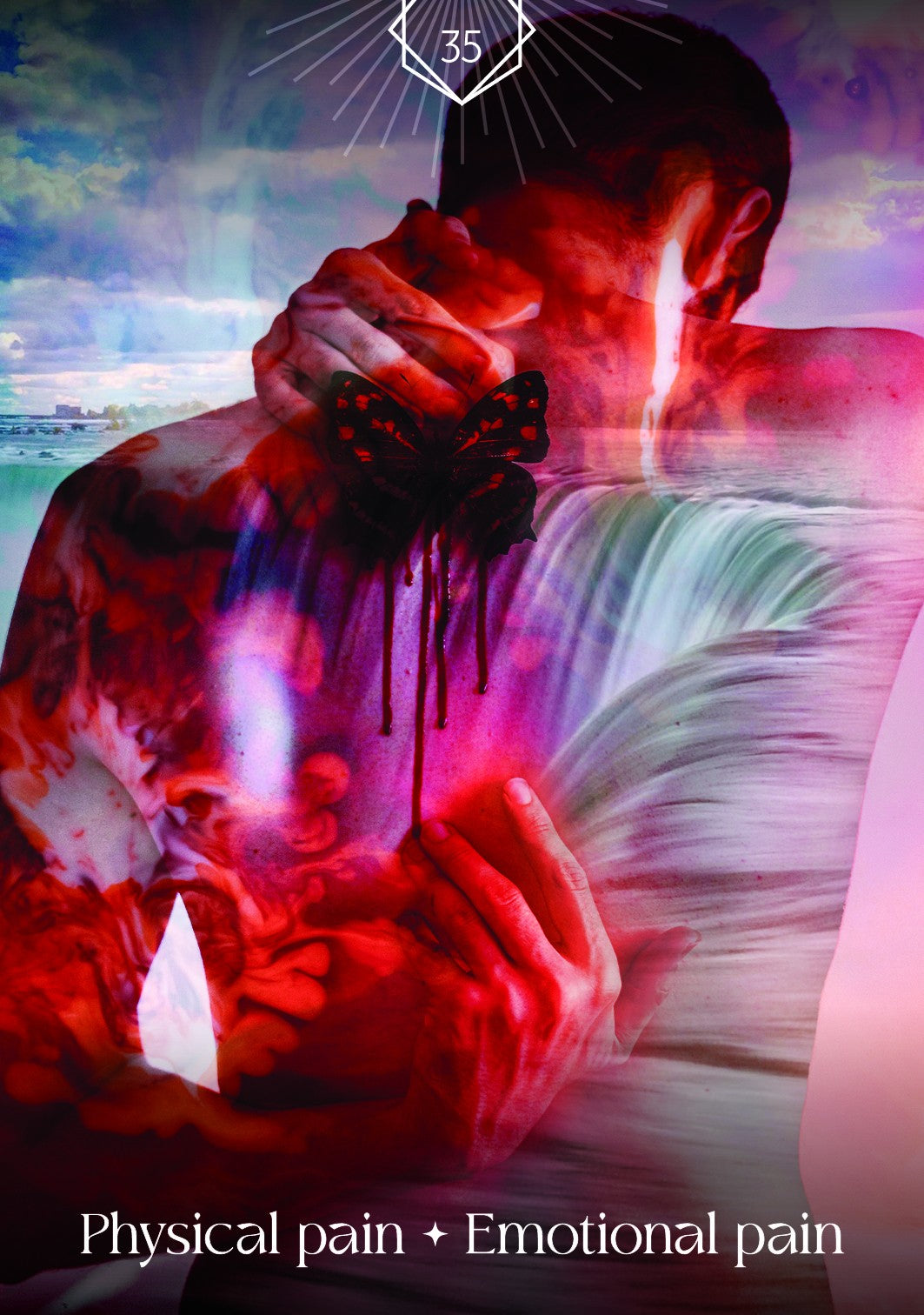 Artistic depiction of a person with a butterfly and text about physical and emotional pain.