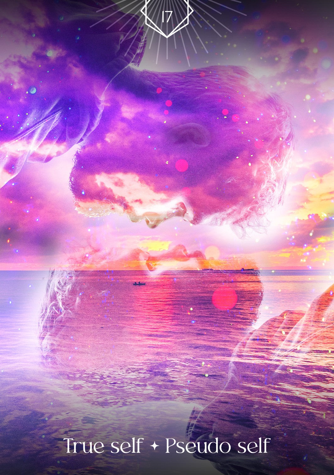 Abstract design with cosmic elements and text 'True self + Pseudo self' on a colorful background.