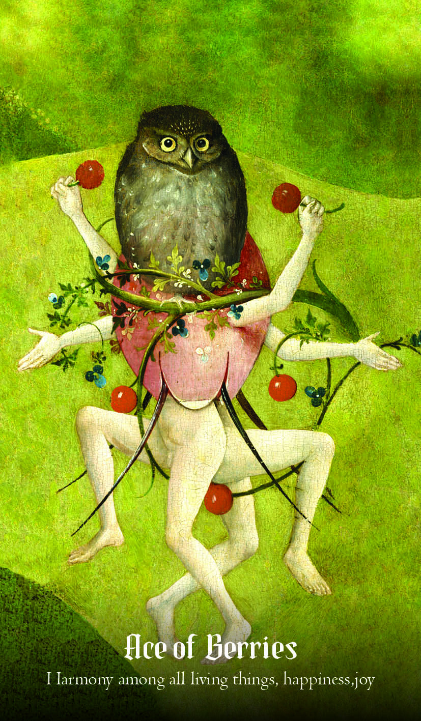 Artistic depiction of a figure with an owl head holding berries on a green background, labeled 'Ace of Berries'.