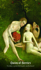 Artistic depiction of figures with berries, labeled 'Queen of Berries', on a textured green background.