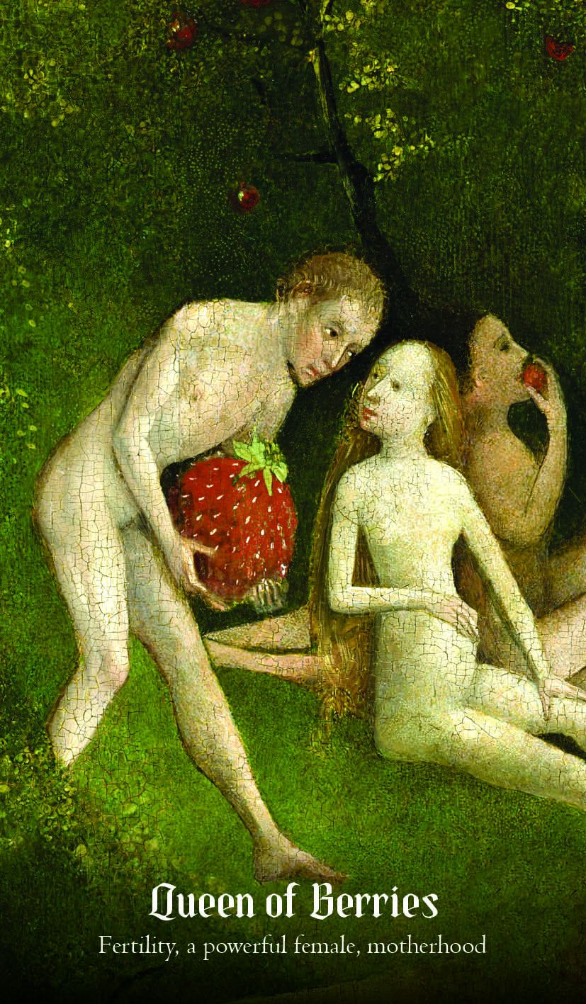 Artistic depiction of figures with berries, labeled 'Queen of Berries', on a textured green background.