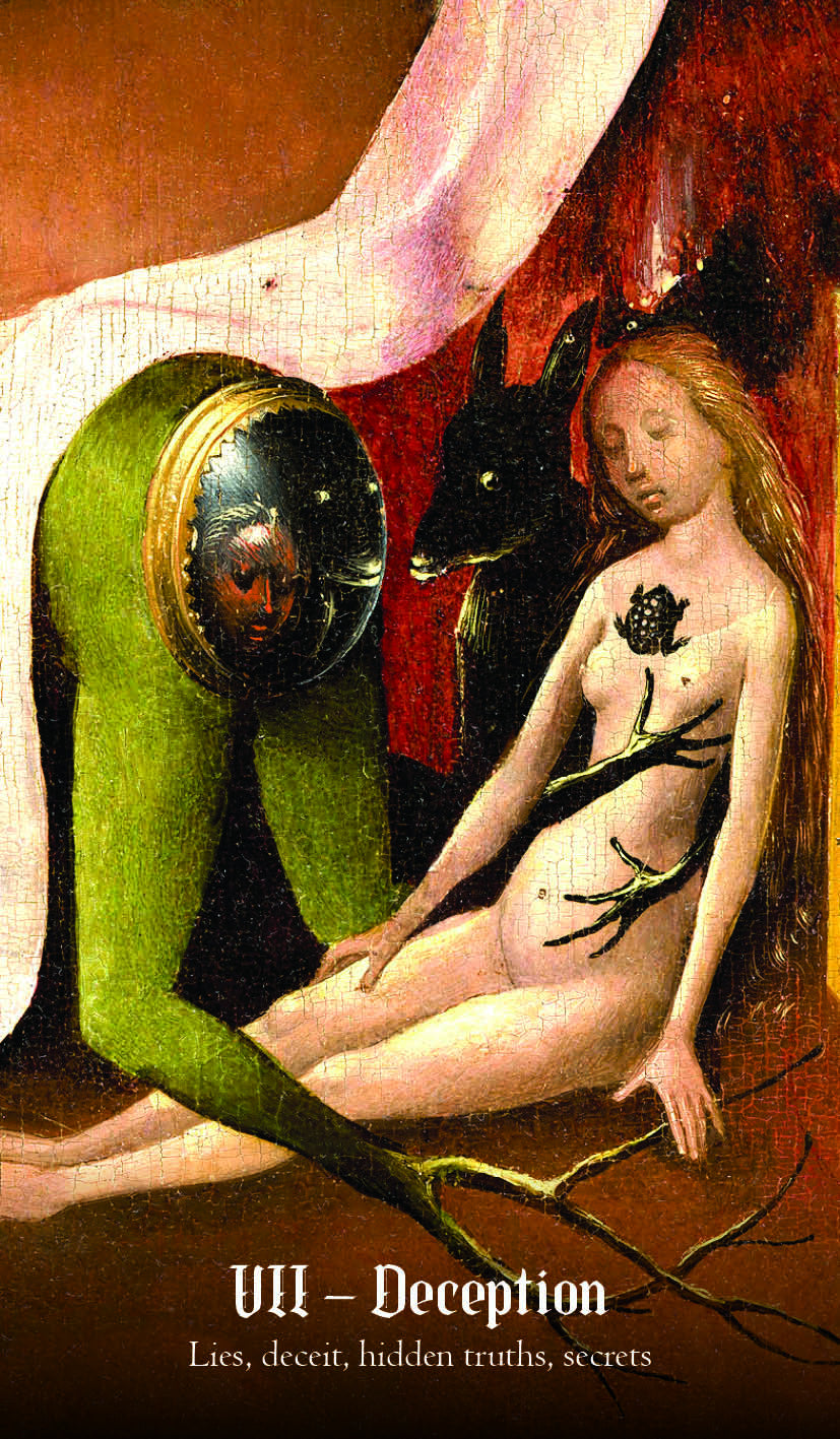 Artistic depiction of a figure with a black dog and a green figure, labeled 'Deception' with tarot card text.