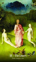 Artistic depiction of Adam and Eve in a garden with birds and a blue sky.
