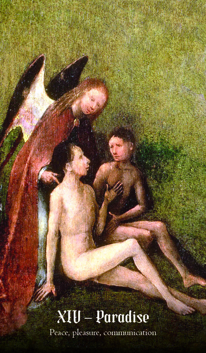Artistic depiction of Adam and Eve with an angel, labeled 'XIV - Paradise'.