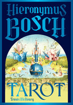 Book cover of 'Hieronymus Bosch Tarot' with a tarot card design on a blue background