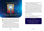 Page from a book or guide featuring a colorful card titled 'Blue Messiah' with text and affirmations.