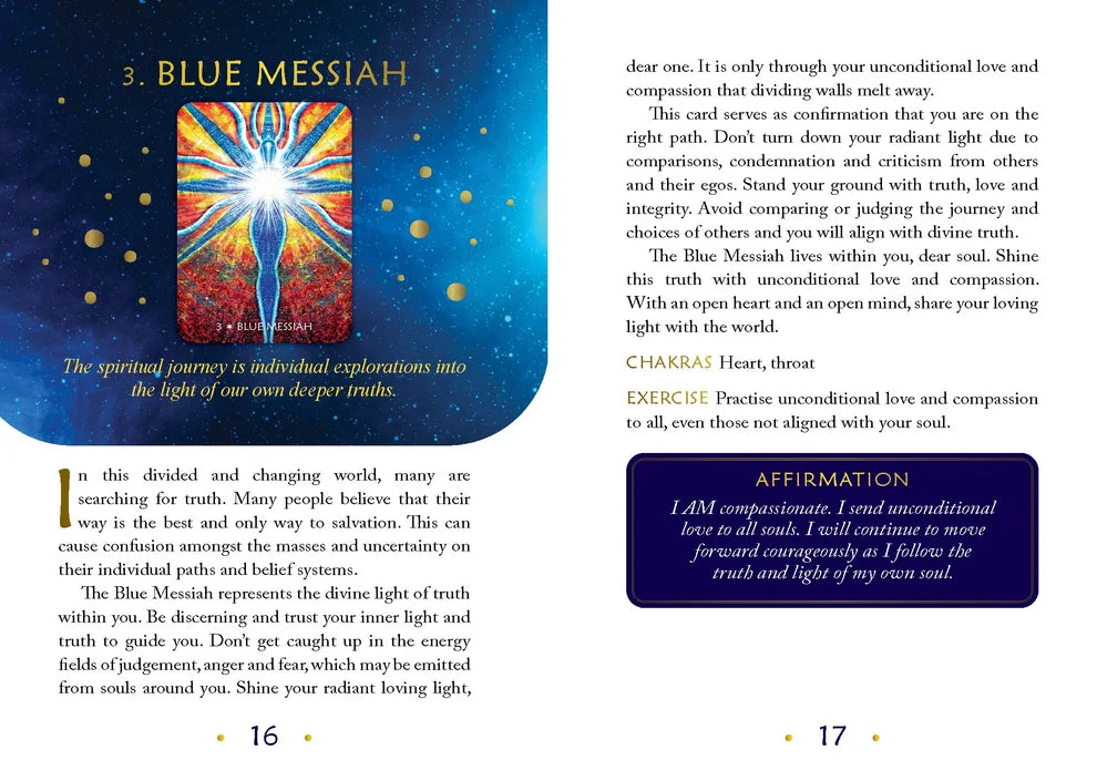 Page from a book or guide featuring a colorful card titled 'Blue Messiah' with text and affirmations.