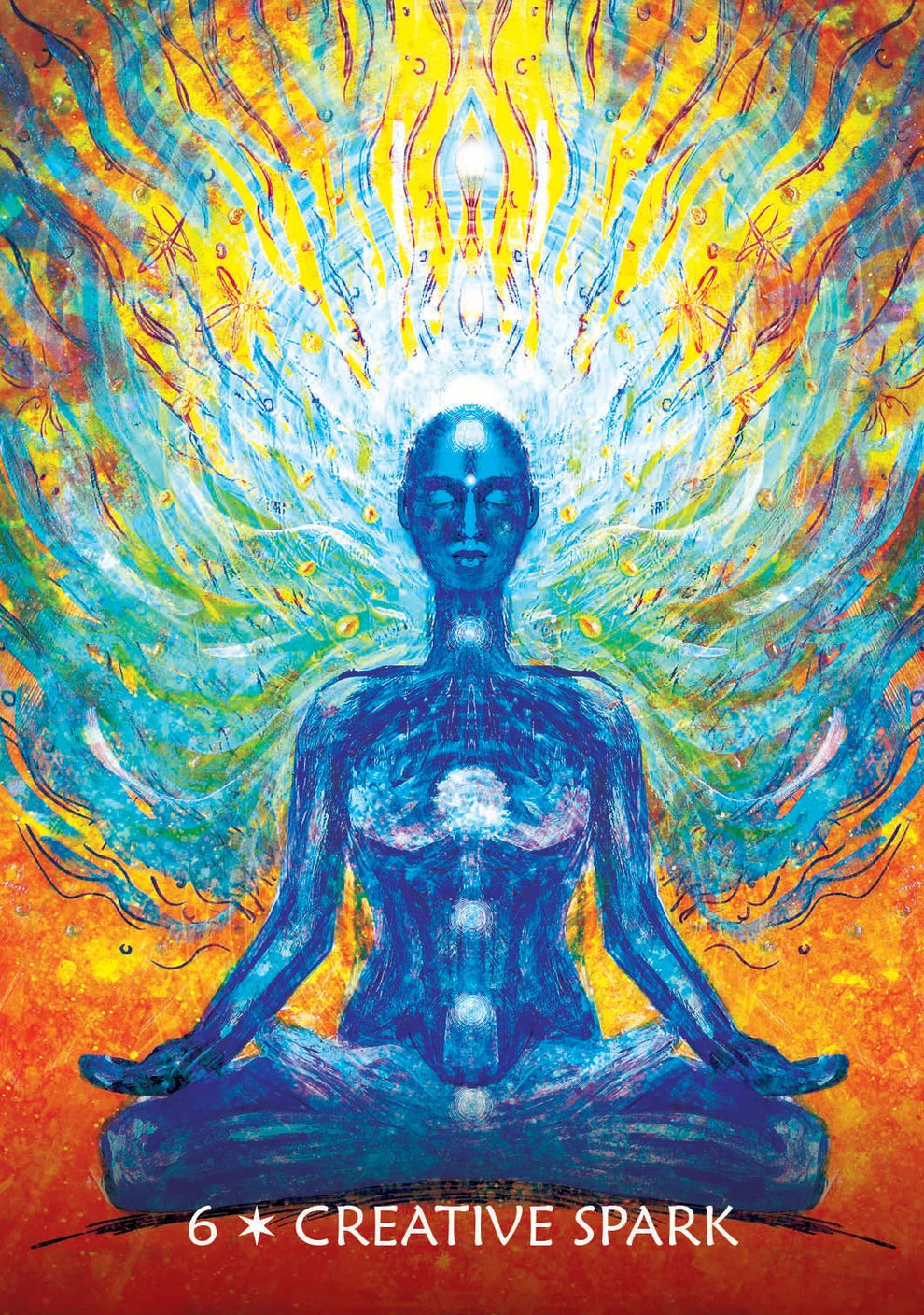 A colorful spiritual art print featuring a meditating blue figure with a glowing white and yellow aura, set against a vibrant orange and yellow background. The text '6 * CREATIVE SPARK' is written at the bottom.