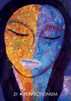 An expressive, textured painting of a woman's face split vertically into two contrasting halves: one side in warm golden yellow and orange tones, the other in cool blue and purple tones. The text '21 ★ PERFECTIONISM' is written at the bottom.