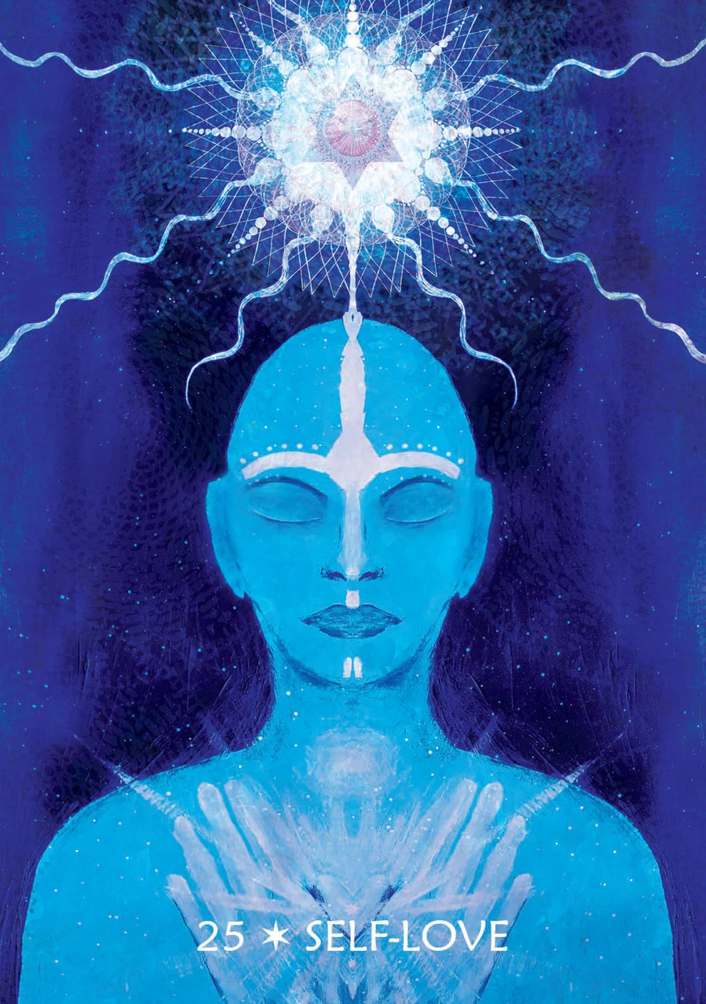 A stylized blue illustration of a person with closed eyes, a glowing white sunburst above the head, and white text at the bottom reading '25 SELF-LOVE' on a dark blue background.