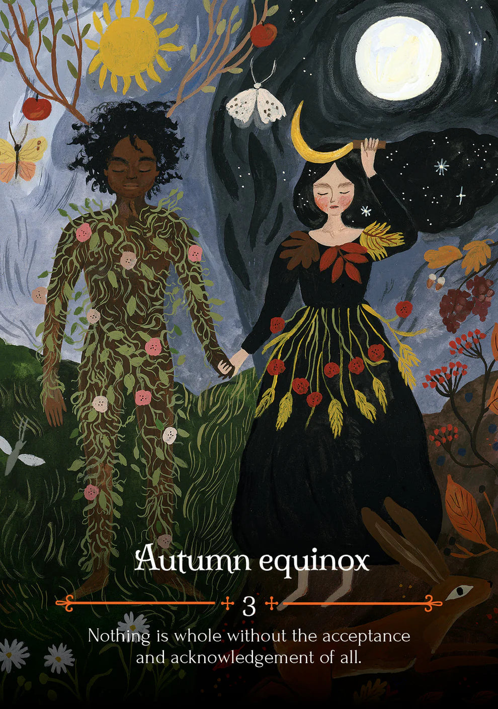 Illustration of two people holding hands with nature elements and text about the autumn equinox.