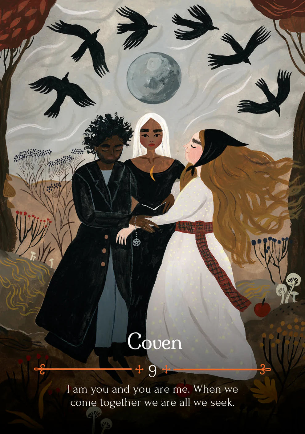 Illustration of three people standing together with crows and a moon in the background, titled 'Coven'.