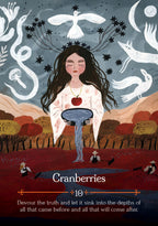 Illustration of a woman with long hair and a white dress, surrounded by animals and nature, with text 'Cranberries' and a quote.