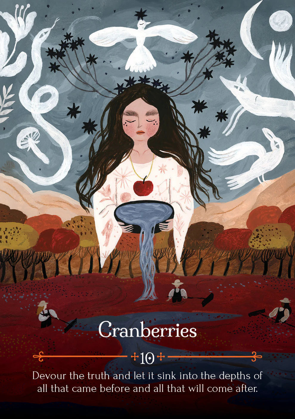 Illustration of a woman with long hair and a white dress, surrounded by animals and nature, with text 'Cranberries' and a quote.