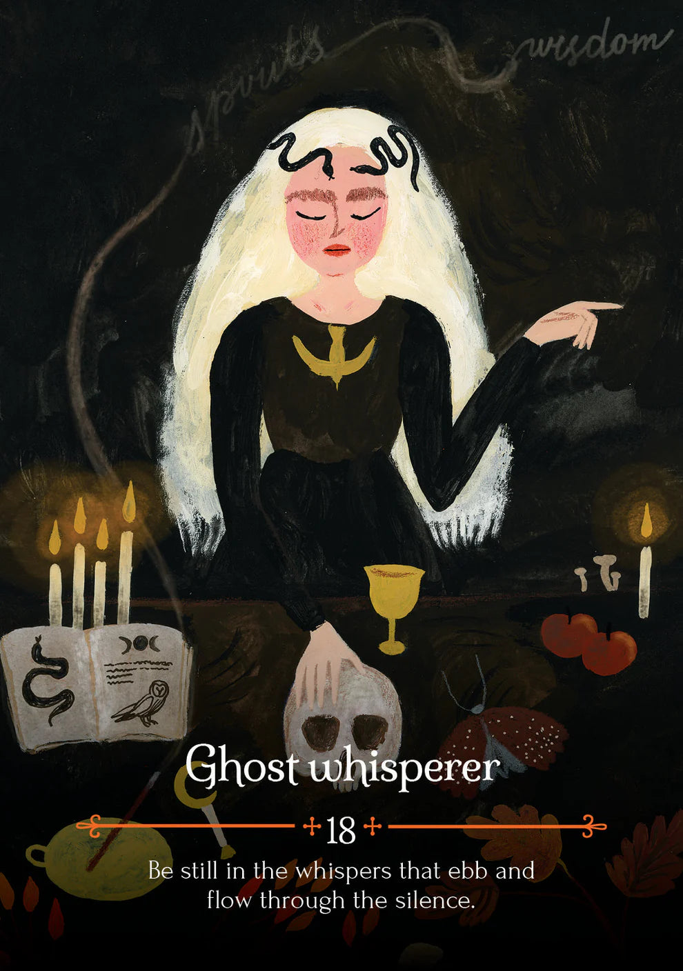Illustration of a ghostly figure with candles and a skull, labeled 'Ghost whisperer'.