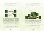 Spreads from a card game with garden tools and hilltops imagery on a light green background.