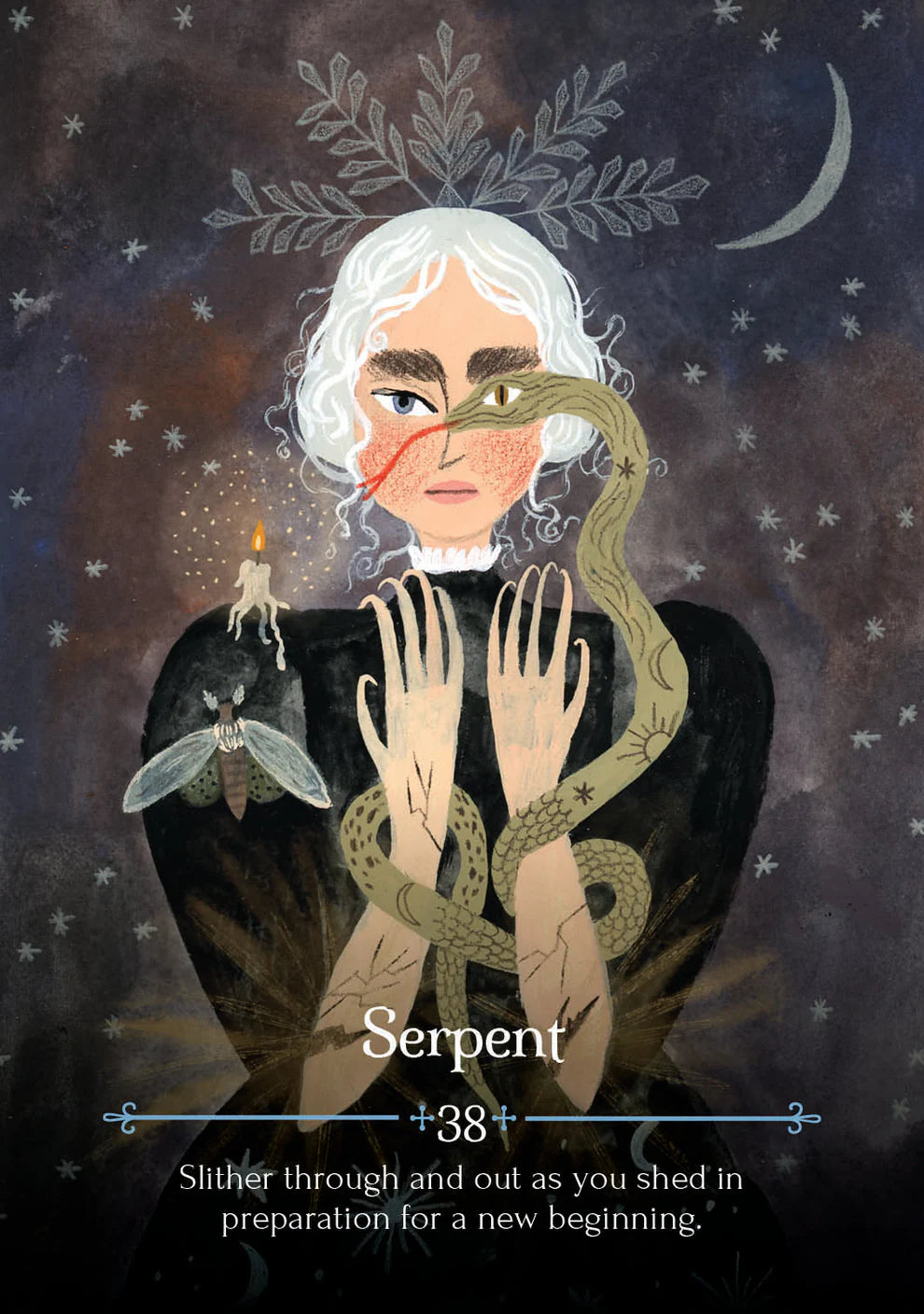 Illustration of a person with a snake, surrounded by mystical elements like a moon and stars, with text 'Serpent' and '38'.