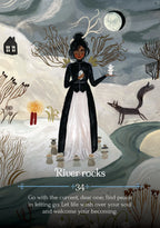 Illustration of a woman in a black and white dress holding candles in a mystical landscape with trees and a moon.