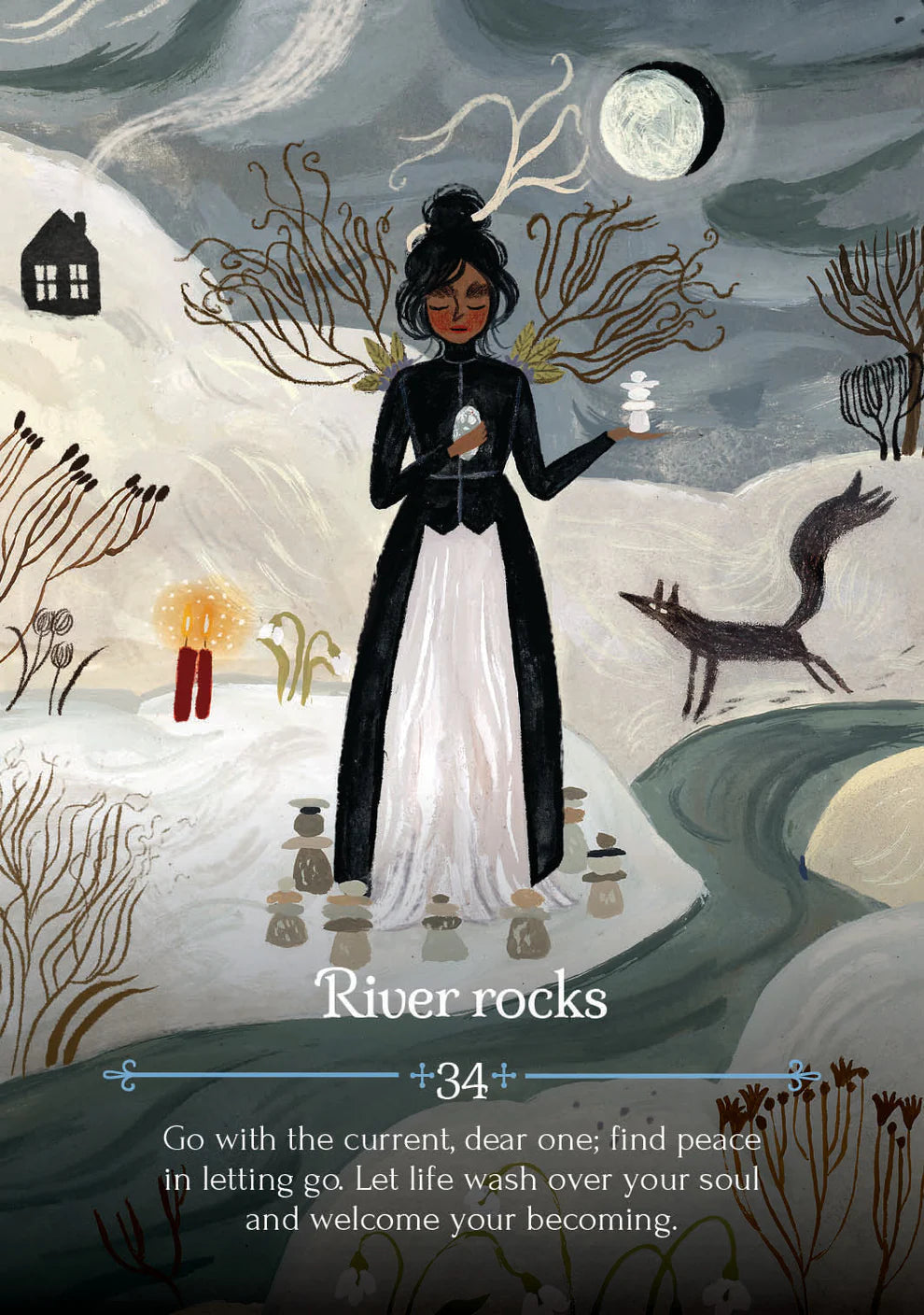 Illustration of a woman in a black and white dress holding candles in a mystical landscape with trees and a moon.