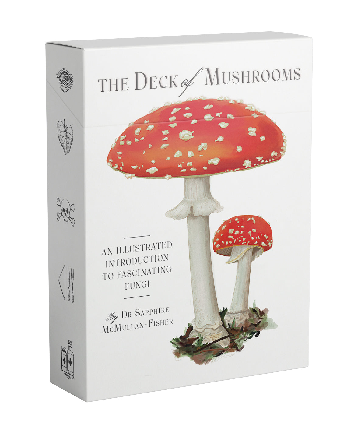 Card deck packaging with mushroom illustration on a white background