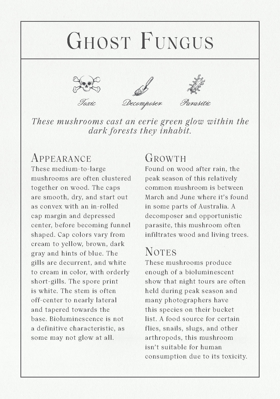 Informational card about ghost fungus with text and illustrations.