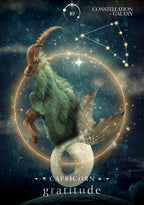 Capricorn zodiac sign with a goat figure against a starry night sky.