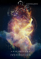 Artistic depiction of the Scorpius constellation with colorful nebula and star patterns on a dark background.