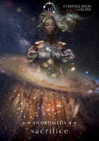 Artistic depiction of a woman with celestial elements and text about 'Andromeda Sacrifice' against a starry background.