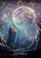 Woman in a blue dress reaching towards a celestial sphere with constellations, set against a starry night sky.
