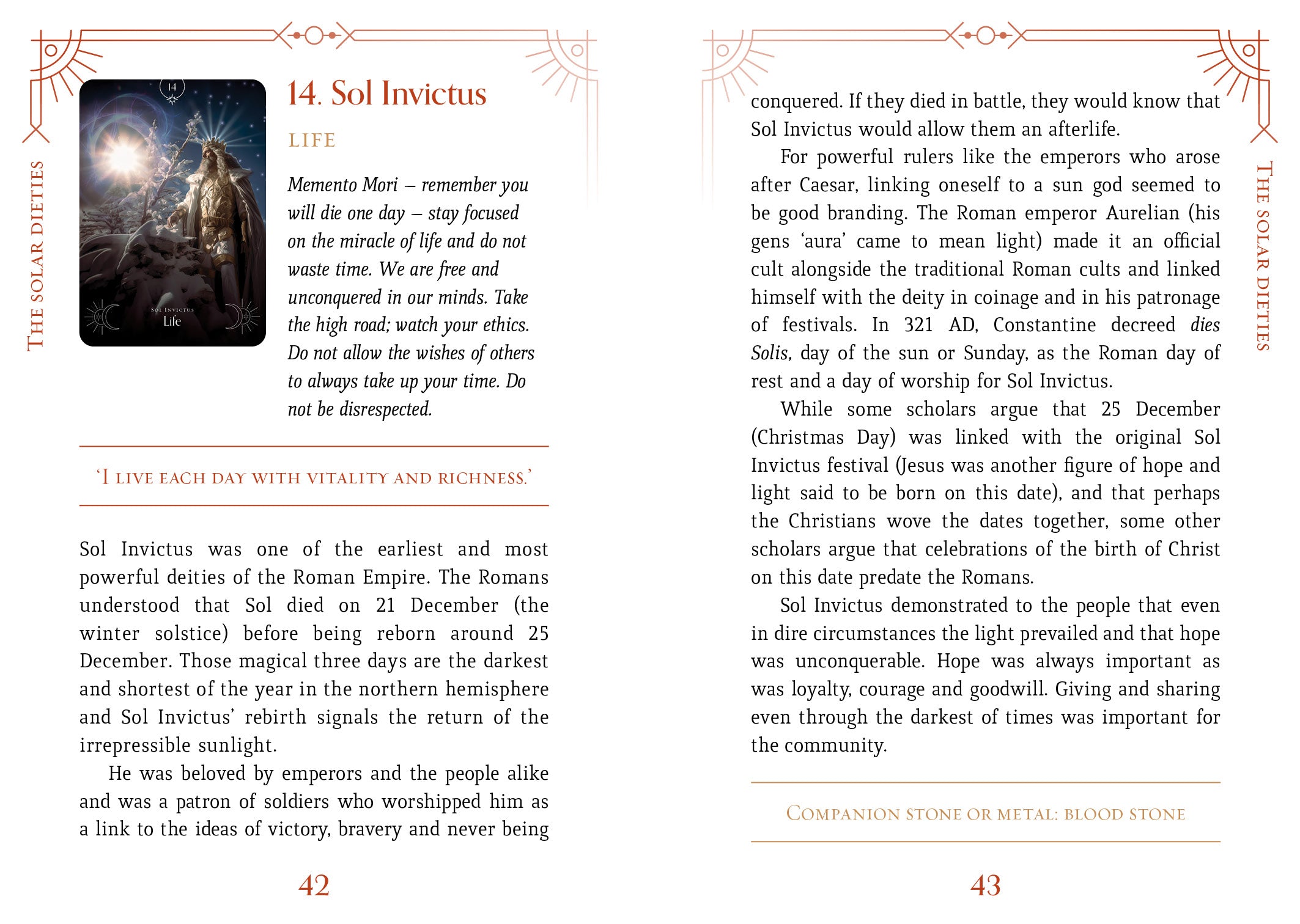Book page with Sol Invictus text and a tarot card on the left side.