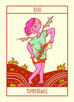 Tarot card illustration titled 'Temperance' with a stylized character holding a fish and a bag.