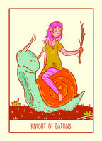 Illustration of a person riding a snail with 'Knight of Batons' text