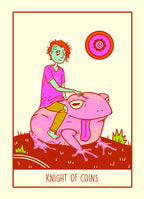 Illustration of a person riding a pink creature with a coin symbol above, titled 'Knight of Coins'.