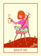 Illustration of a person holding a cup with 'Queen of Cups' text