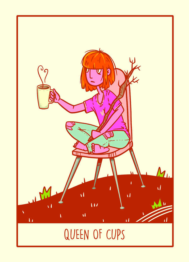 Illustration of a person holding a cup with 'Queen of Cups' text
