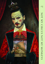 Artistic depiction of a performer with theatrical makeup and a monkey, set against a dark background with red curtains.
