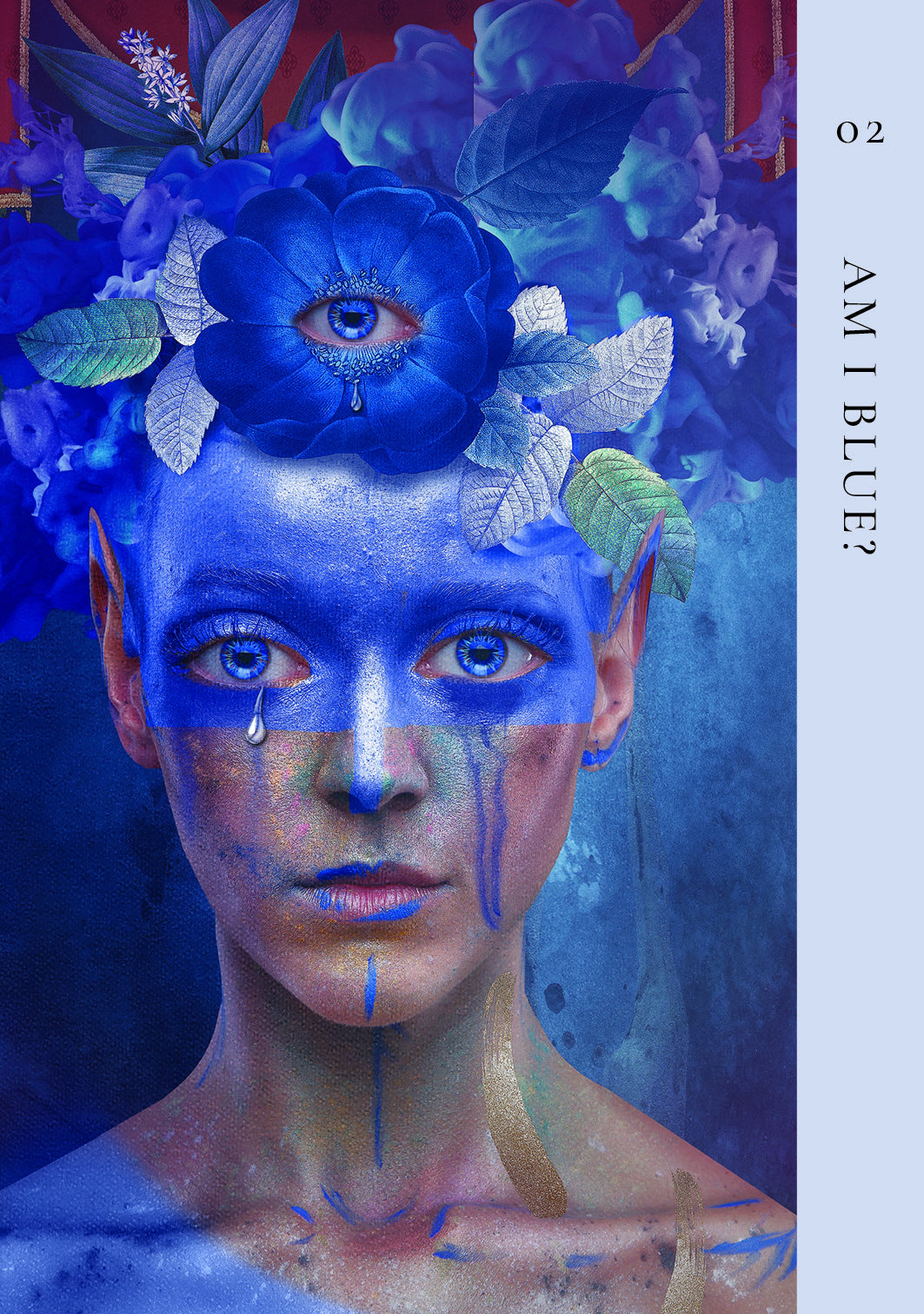Artistic depiction of a person with blue face paint and floral headpiece, with text 'Am I Blue?' on a red background.