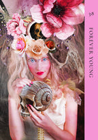 Artistic depiction of a person with floral headpiece and snail shell, with 'Forever Young' text on pink background