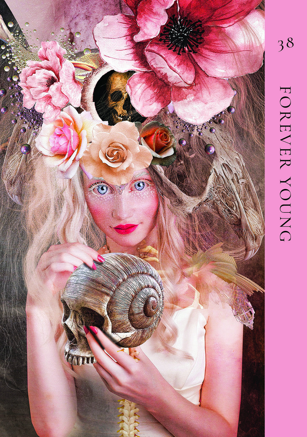 Artistic depiction of a person with floral headpiece and snail shell, with 'Forever Young' text on pink background